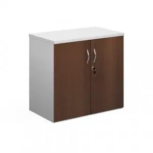 Duo double door cupboard 740mm high with 1 shelf – white with walnut doors