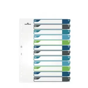 Durable 12 Part Numbered Tab Punched Index Dividers + Cover – A4+ – Colour Coded