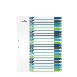 Durable 20 Part Numbered Tab Punched Index Dividers + Cover – A4+ – Colour Coded