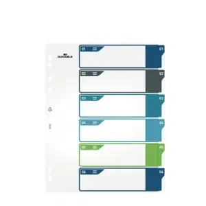 Durable 6 Part Numbered Tab Punched Index Dividers + Cover – A4+ – Colour Coded