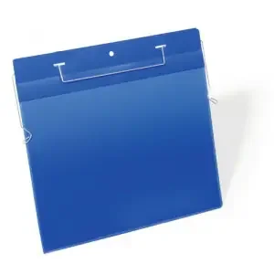 Durable Wire Hanger Ticket Holder Document Pocket Landscape – 50 Pack – A4 Blue