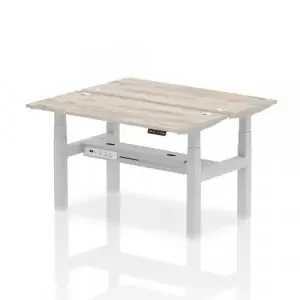 Dynamic Air Back-to-Back W1400 x D600mm Height Adjustable Sit Stand 2 Person Bench Desk With Cable Ports Grey Oak Finish Silver Frame – HA01862