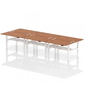 Dynamic Air Back-to-Back W1400 x D800mm Height Adjustable Sit Stand 6 Person Bench Desk With Cable Ports Walnut Finish White Frame – HA02158