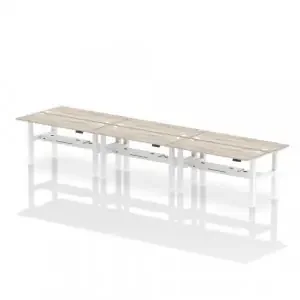 Dynamic Air Back-to-Back W1600 x D600mm Height Adjustable Sit Stand 6 Person Bench Desk With Cable Ports Grey Oak Finish White Frame – HA02260