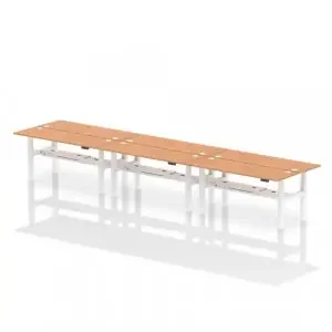 Dynamic Air Back-to-Back W1800 x D600mm Height Adjustable Sit Stand 6 Person Bench Desk With Cable Ports Oak Finish White Frame – HA02596