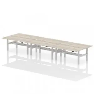 Dynamic Air Back-to-Back W1800 x D800mm Height Adjustable Sit Stand 6 Person Bench Desk With Cable Ports Grey Oak Finish Silver Frame – HA02768