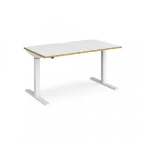 Elev8 Mono straight sit-stand desk 1400mm x 800mm – white frame, white top with oak edge