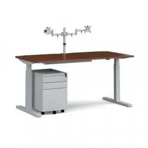 Elev8 Mono straight sit-stand desk 1600mm – silver frame, walnut top with matching double monitor arm, steel pedestal and cable tray