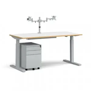 Elev8 Mono straight sit-stand desk 1600mm – silver frame, white top with oak edge with matching double monitor arm, steel pedestal and cable tray