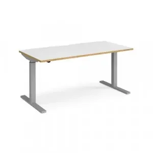Elev8 Mono straight sit-stand desk 1600mm x 800mm – silver frame, white top with oak edge