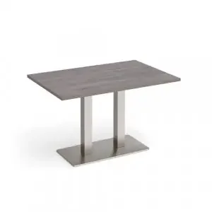 Eros rectangular dining table with flat brushed steel rectangular base and twin uprights 1200mm x 800mm – grey oak