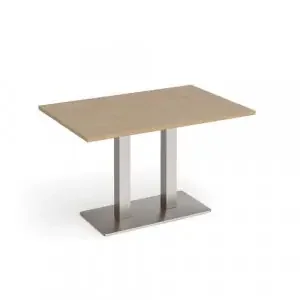 Eros rectangular dining table with flat brushed steel rectangular base and twin uprights 1200mm x 800mm – Kendal oak