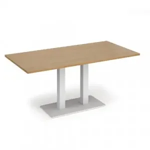 Eros rectangular dining table with flat white rectangular base and twin uprights 1600mm x 800mm – oak