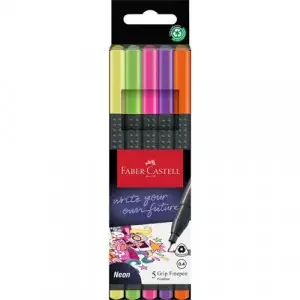 Faber-Castell Fibre-Tip Grip Pen 0.4mm Tip Assorted Neon 56% Recycled Plastic (Pack 5) – 151603