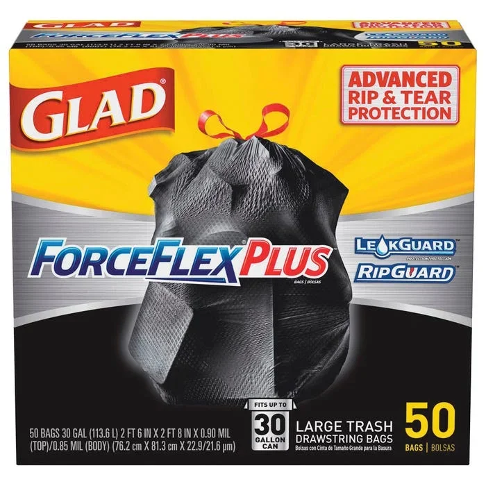 Glad ForceFlexPlus Heavy Duty Trash Bags, 30 Gallon, Black, 50 Count Box