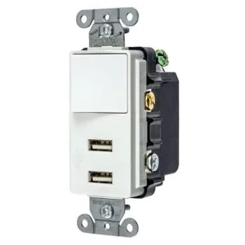 Hubbell Wiring® Single Pole Three Way Switch/USB 15a 120v Combo Recp White