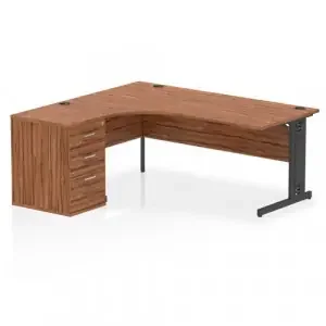 Impulse 1800mm Left Crescent Office Desk Walnut Top Black Cable Managed Leg Workstation 600 Deep Desk High Pedestal