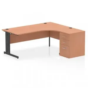 Impulse 1800mm Right Crescent Office Desk Beech Top Black Cable Managed Leg Workstation 600 Deep Desk High Pedestal