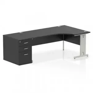 Impulse 1800mm Right Crescent Office Desk Black Top Silver Cable Managed Leg Workstation 800 Deep Desk High Pedestal