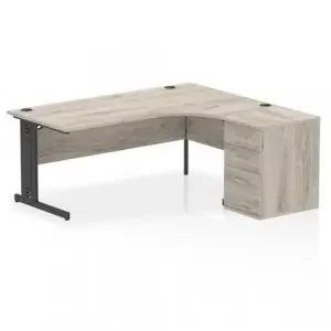 Impulse 1800mm Right Crescent Office Desk Grey Oak Top Black Cable Managed Leg Workstation 600 Deep Desk High Pedestal