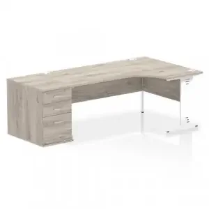 Impulse 1800mm Right Crescent Office Desk Grey Oak Top White Cable Managed Leg Workstation 800 Deep Desk High Pedestal