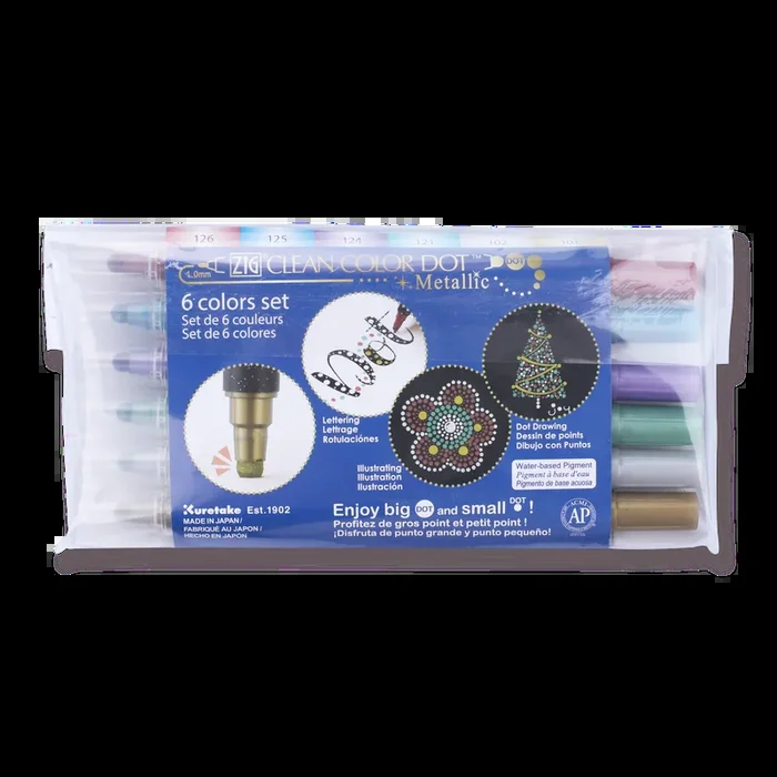 Kuretake Zig Clean Colour Dot Metallic Double-Sided Marker – 6 Color Set