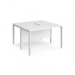 Maestro 25 back to back straight desks 1200mm x 1200mm – white bench leg frame, white top