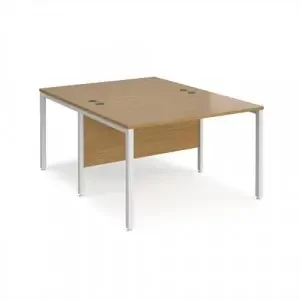 Maestro 25 back to back straight desks 1200mm x 1600mm – white bench leg frame, oak top
