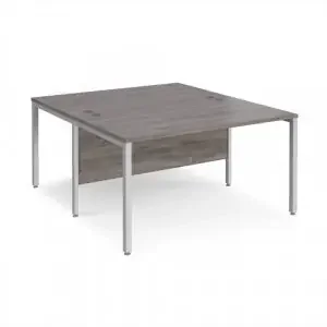 Maestro 25 back to back straight desks 1400mm x 1600mm – silver bench leg frame, grey oak top