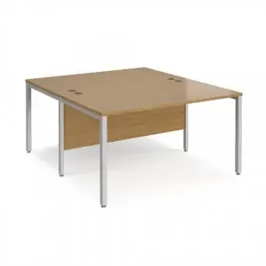 Maestro 25 back to back straight desks 1400mm x 1600mm – silver bench leg frame, oak top
