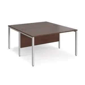 Maestro 25 back to back straight desks 1400mm x 1600mm – silver bench leg frame, walnut top