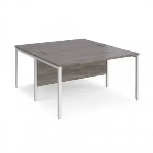 Maestro 25 back to back straight desks 1400mm x 1600mm – white bench leg frame, grey oak top