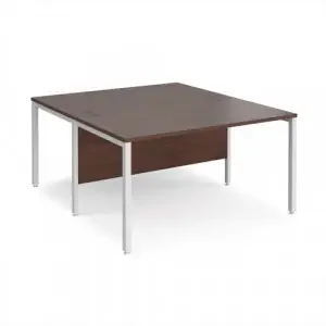Maestro 25 back to back straight desks 1400mm x 1600mm – white bench leg frame, walnut top