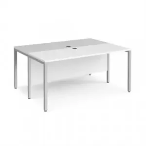 Maestro 25 back to back straight desks 1600mm x 1200mm – silver bench leg frame, white top