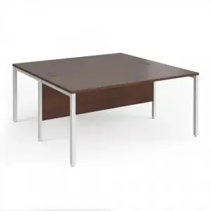 Maestro 25 back to back straight desks 1600mm x 1600mm – white bench leg frame, walnut top