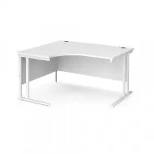 Maestro 25 left hand ergonomic desk 1400mm wide – white cantilever leg frame, white top