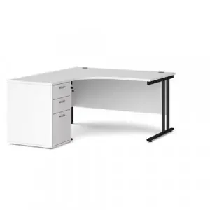Maestro 25 left hand ergonomic desk 1400mm with black cantilever frame and desk high pedestal – white