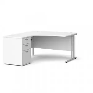 Maestro 25 left hand ergonomic desk 1400mm with silver cantilever frame and desk high pedestal – white
