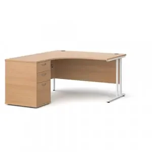 Maestro 25 left hand ergonomic desk 1400mm with white cantilever frame and desk high pedestal – beech