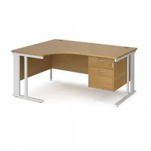 Maestro 25 left hand ergonomic desk 1600mm wide with 2 drawer pedestal – white cable managed leg frame, oak top