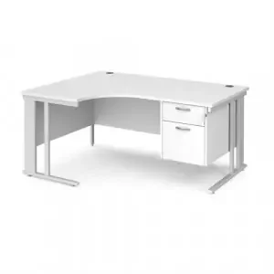 Maestro 25 left hand ergonomic desk 1600mm wide with 2 drawer pedestal – white cable managed leg frame, white top