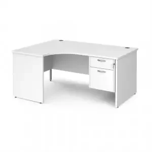 Maestro 25 left hand ergonomic desk 1600mm wide with 2 drawer pedestal – white top with panel end leg
