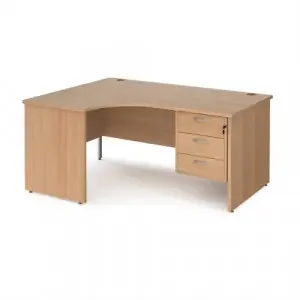 Maestro 25 left hand ergonomic desk 1600mm wide with 3 drawer pedestal – beech top with panel end leg