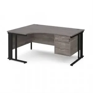 Maestro 25 left hand ergonomic desk 1600mm wide with 3 drawer pedestal – black cable managed leg frame, grey oak top