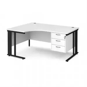 Maestro 25 left hand ergonomic desk 1600mm wide with 3 drawer pedestal – black cable managed leg frame, white top