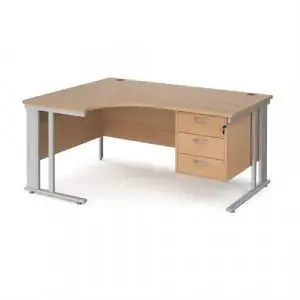 Maestro 25 left hand ergonomic desk 1600mm wide with 3 drawer pedestal – silver cable managed leg frame, beech top