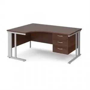 Maestro 25 left hand ergonomic desk 1600mm wide with 3 drawer pedestal – silver cable managed leg frame, walnut top