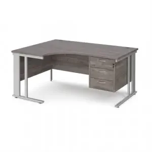 Maestro 25 left hand ergonomic desk 1600mm wide with 3 drawer pedestal – silver cable managed leg frame, grey oak top