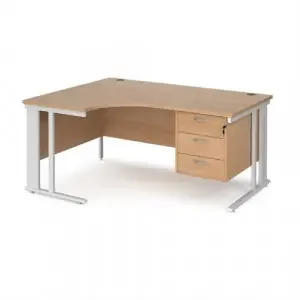 Maestro 25 left hand ergonomic desk 1600mm wide with 3 drawer pedestal – white cable managed leg frame, beech top