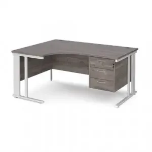 Maestro 25 left hand ergonomic desk 1600mm wide with 3 drawer pedestal – white cable managed leg frame, grey oak top